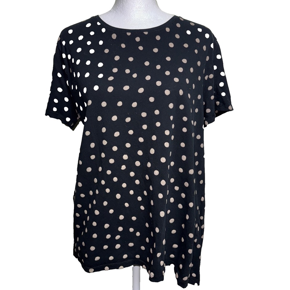 Zara Black Dotted Tunic Blouse Large Neutrals Casual Asymmetric Short Sleeve Top
